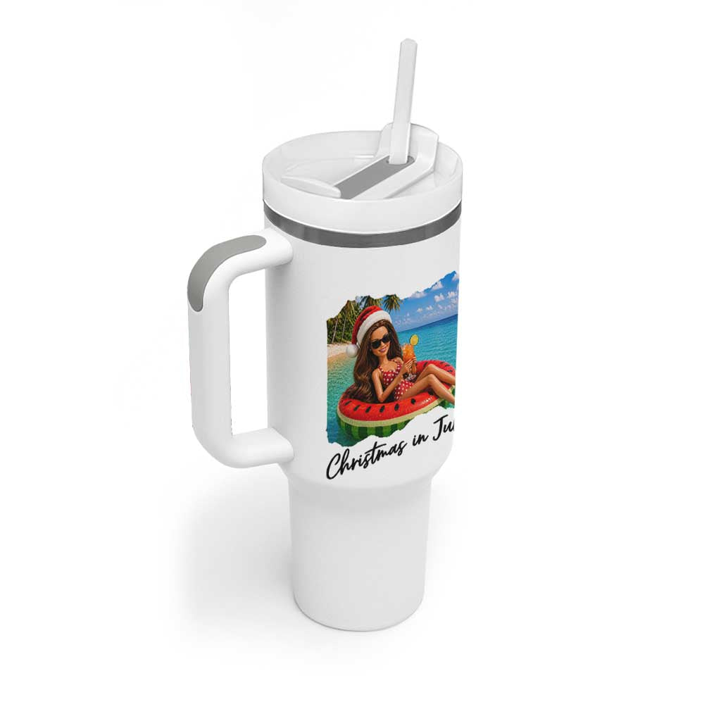 Christmas In July Tropical Doll Face Meme Tumbler With Handle Summer Vacation Graphic