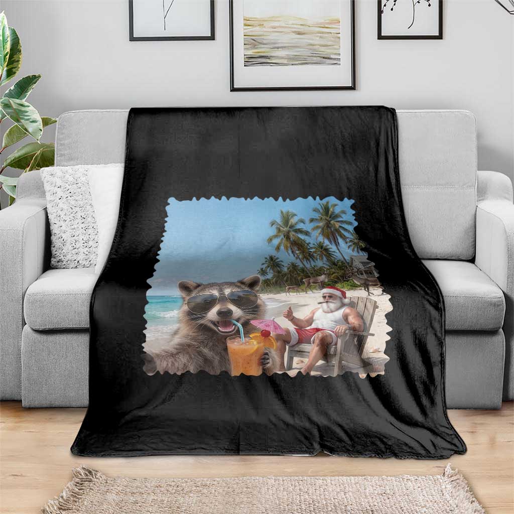 Christmas In July Raccoon And Santa Throw Blanket Tropical Summer Vacation Graphic