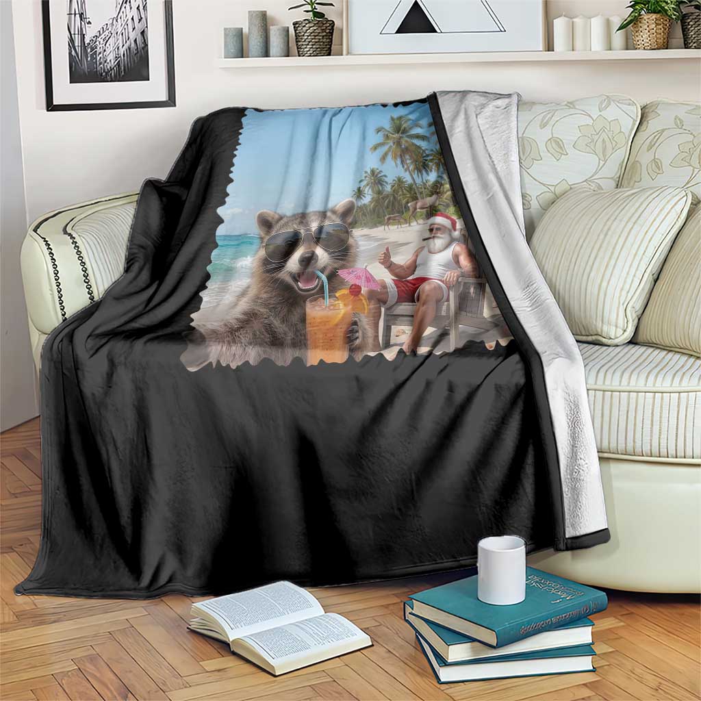 Christmas In July Raccoon And Santa Throw Blanket Tropical Summer Vacation Graphic