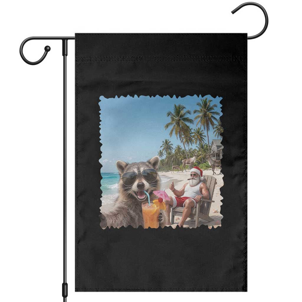 Christmas In July Raccoon And Santa Garden Flag Tropical Summer Vacation Graphic