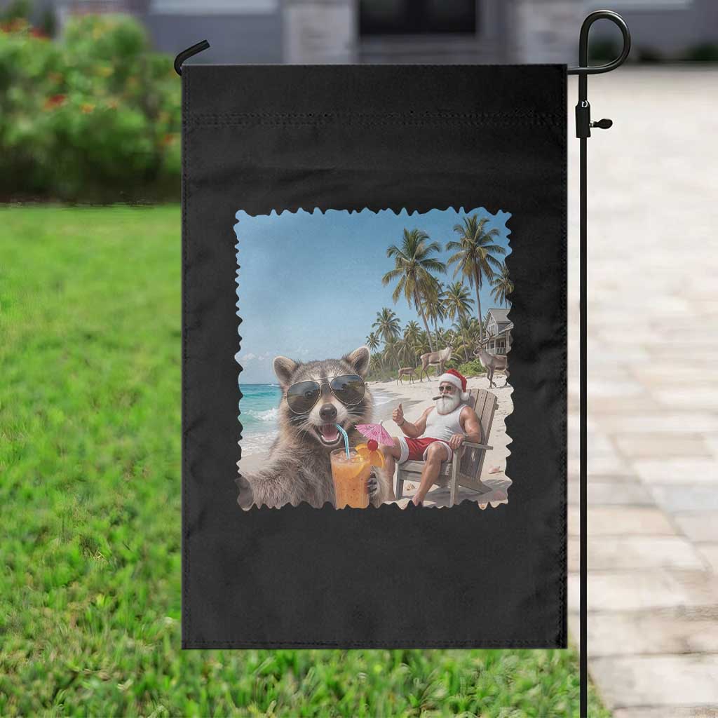 Christmas In July Raccoon And Santa Garden Flag Tropical Summer Vacation Graphic