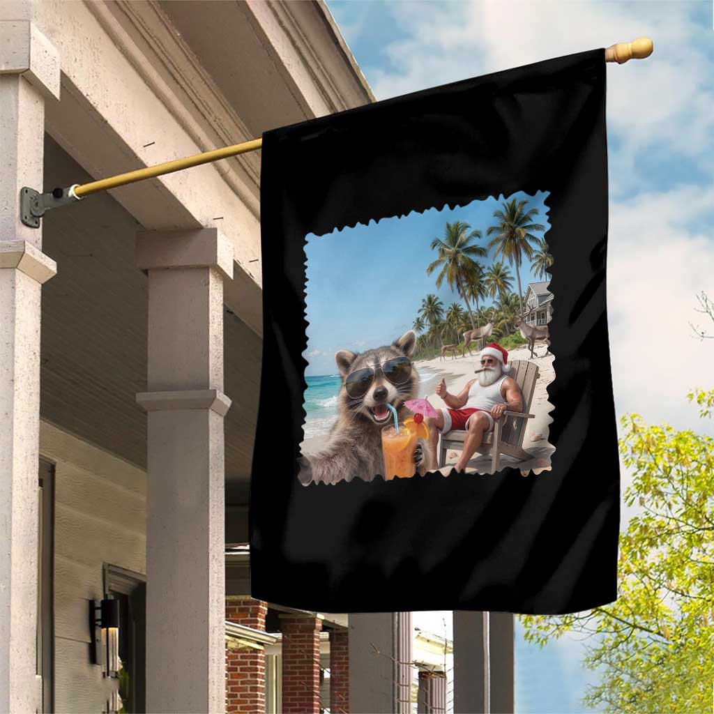 Christmas In July Raccoon And Santa Garden Flag Tropical Summer Vacation Graphic