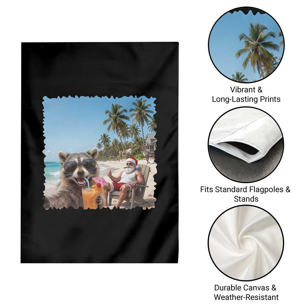 Christmas In July Raccoon And Santa Garden Flag Tropical Summer Vacation Graphic
