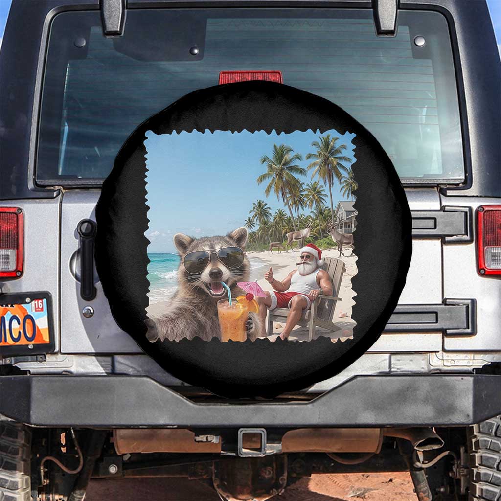 Christmas In July Raccoon And Santa Spare Tire Cover Tropical Summer Vacation Graphic