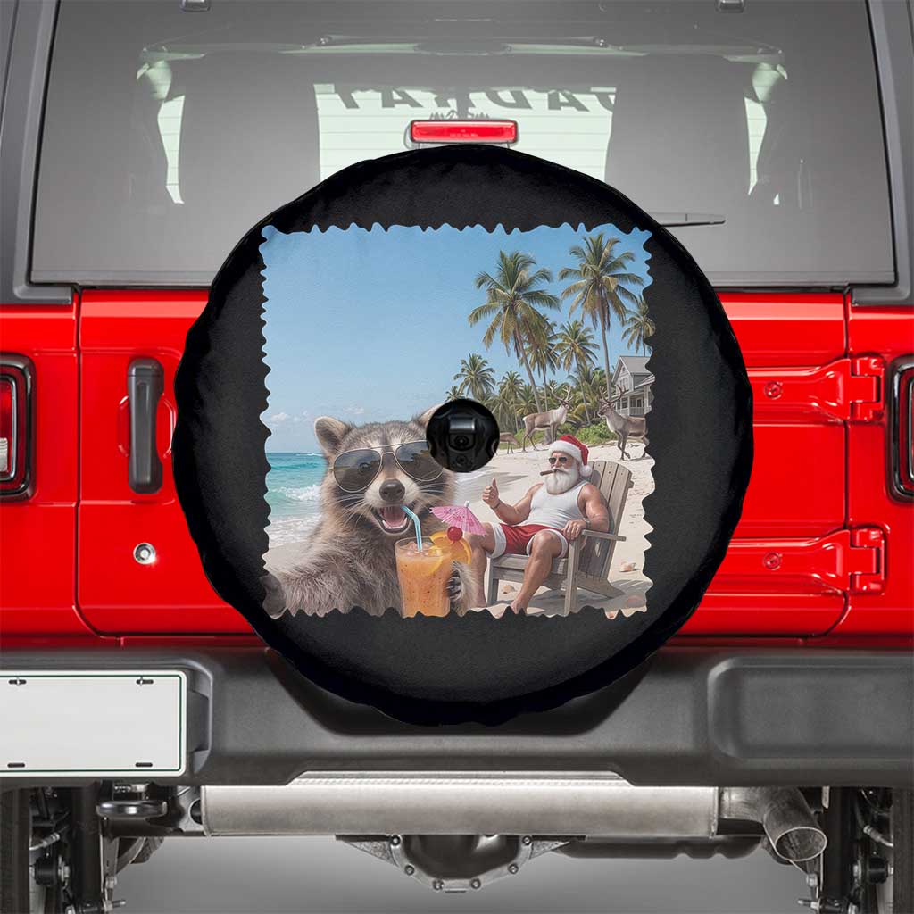 Christmas In July Raccoon And Santa Spare Tire Cover Tropical Summer Vacation Graphic