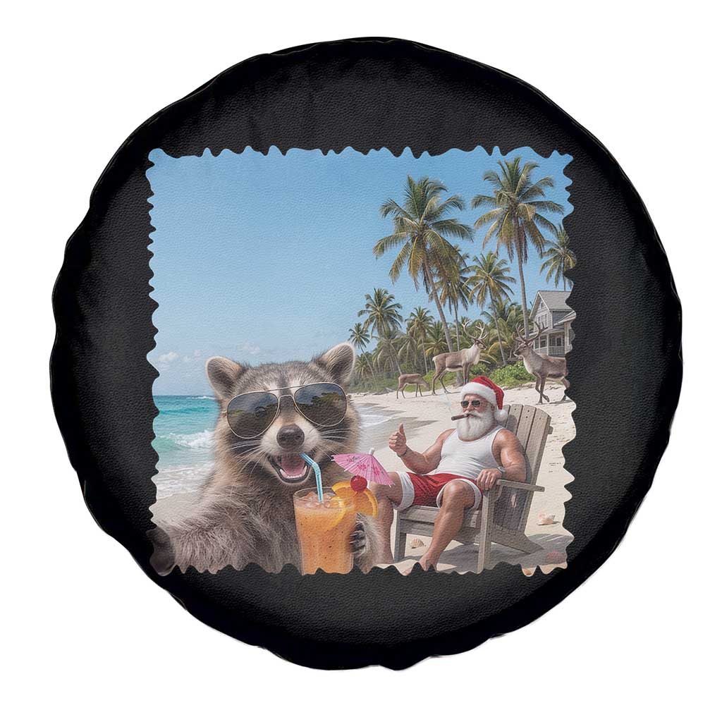 Christmas In July Raccoon And Santa Spare Tire Cover Tropical Summer Vacation Graphic