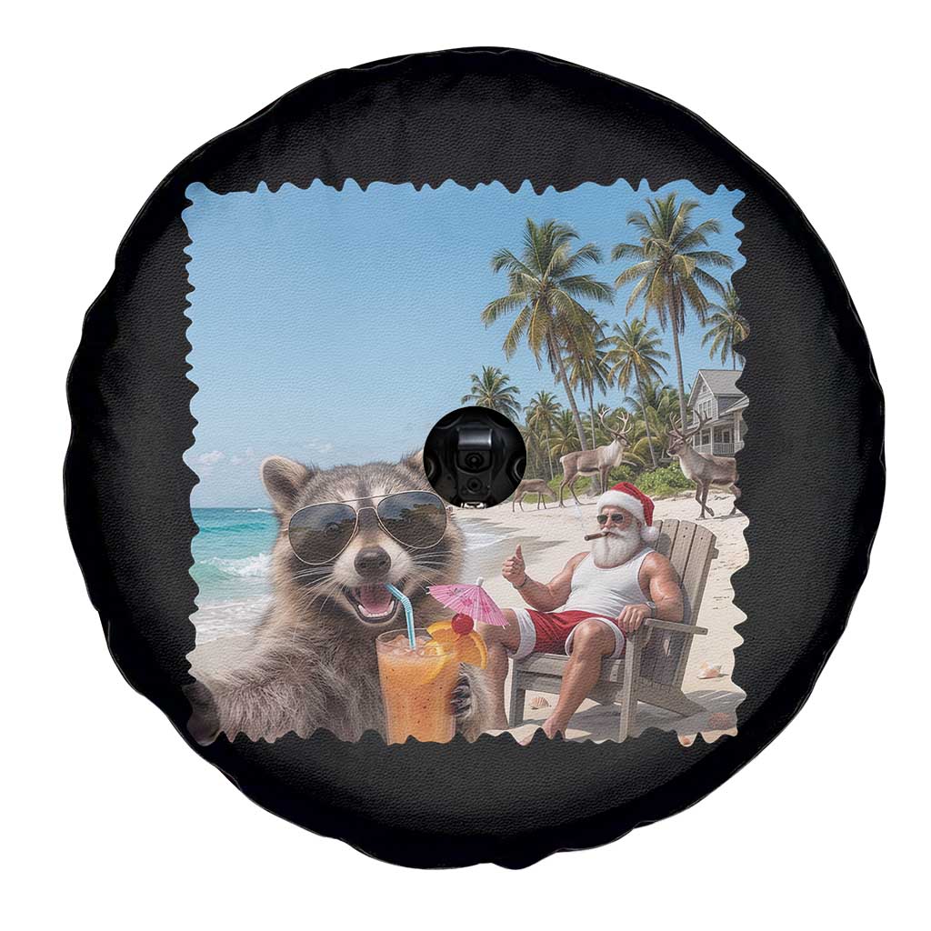 Christmas In July Raccoon And Santa Spare Tire Cover Tropical Summer Vacation Graphic