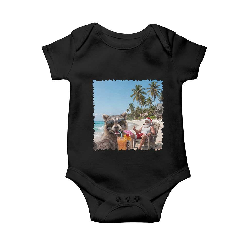 Christmas In July Raccoon And Santa Baby Onesie Tropical Summer Vacation Graphic