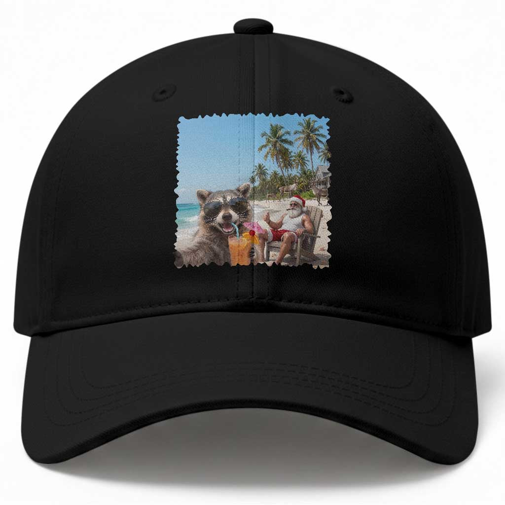 Christmas In July Raccoon And Santa Baseball Cap Tropical Summer Vacation Graphic