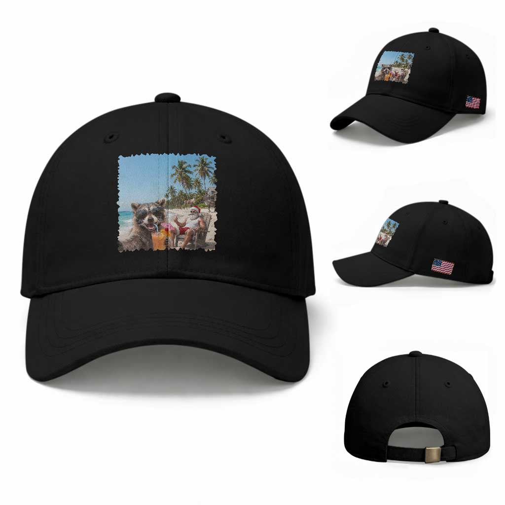 Christmas In July Raccoon And Santa Baseball Cap Tropical Summer Vacation Graphic