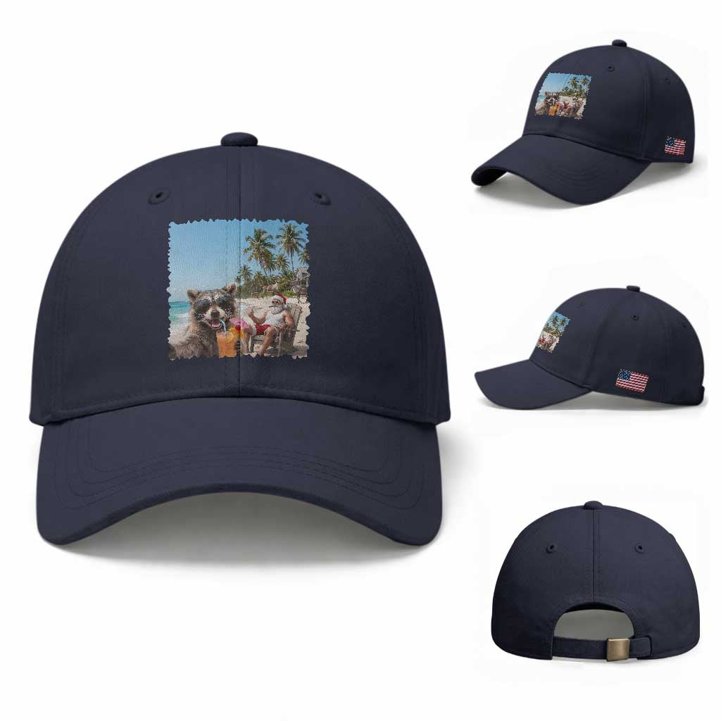 Christmas In July Raccoon And Santa Baseball Cap Tropical Summer Vacation Graphic