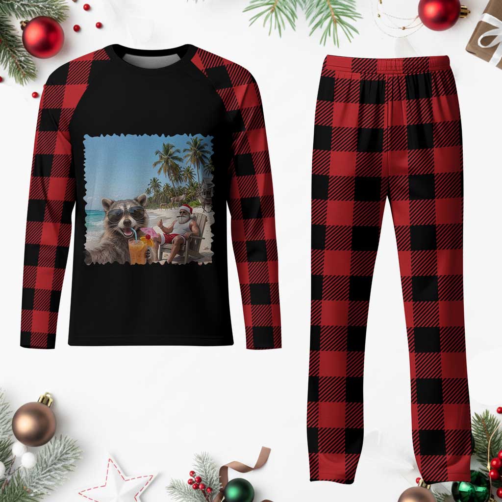 Christmas In July Raccoon And Santa Plaid Pajama Set Tropical Summer Vacation Graphic