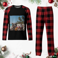 Christmas In July Raccoon And Santa Plaid Pajama Set Tropical Summer Vacation Graphic