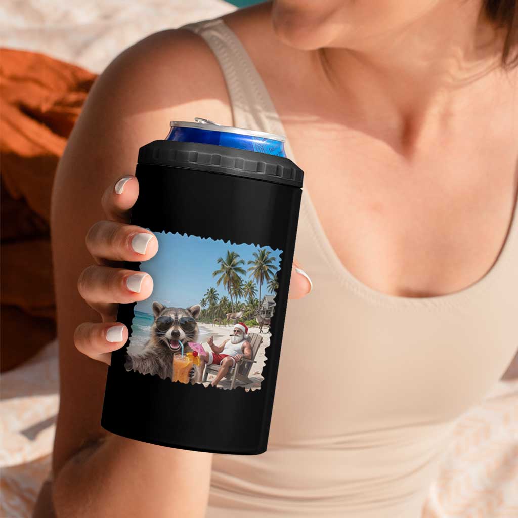 Christmas In July Raccoon And Santa 4 in 1 Can Cooler Tumbler Tropical Summer Vacation Graphic