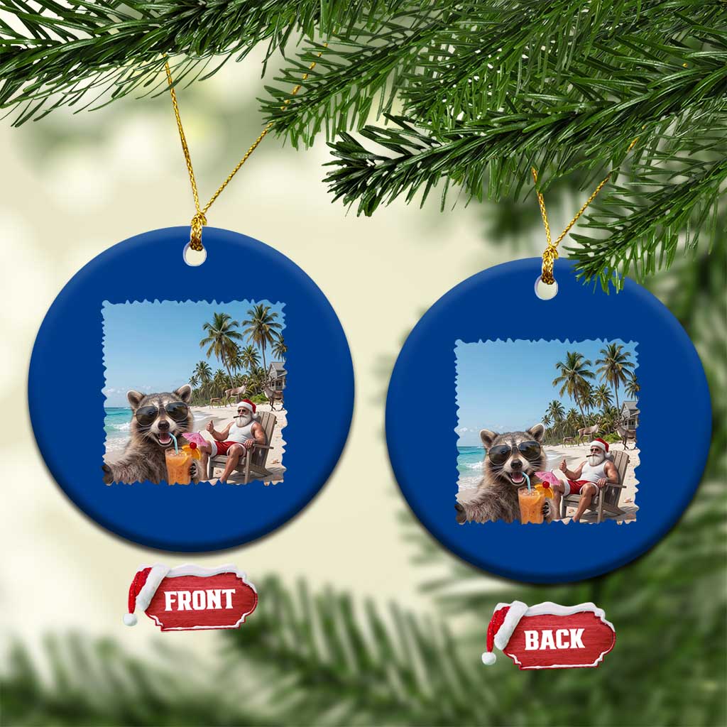 Christmas In July Raccoon And Santa Ceramic Ornament Tropical Summer Vacation Graphic