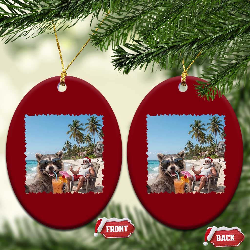 Christmas In July Raccoon And Santa Ceramic Ornament Tropical Summer Vacation Graphic