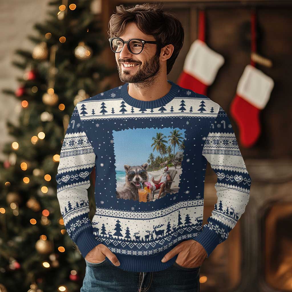 Christmas In July Raccoon And Santa Ugly Christmas Sweater Tropical Summer Vacation Graphic
