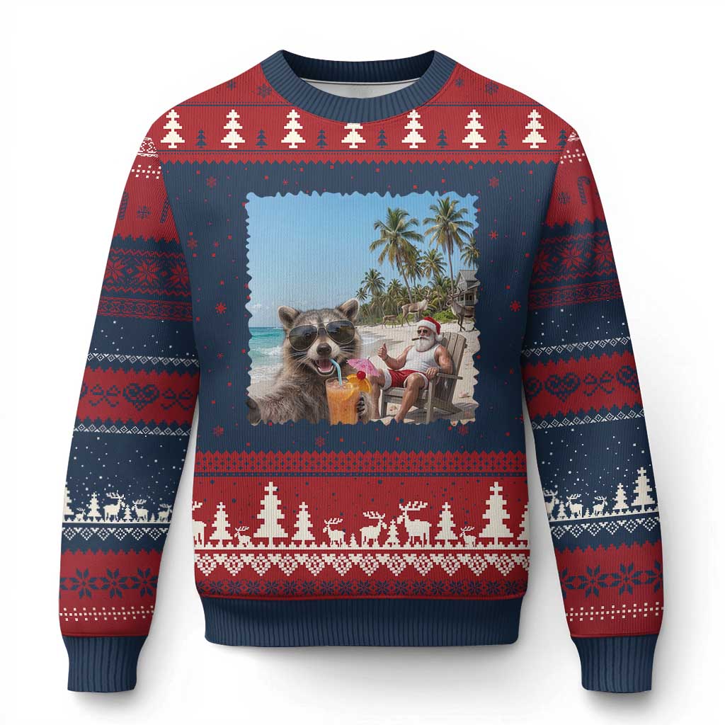 Christmas In July Raccoon And Santa Ugly Christmas Sweater Tropical Summer Vacation Graphic