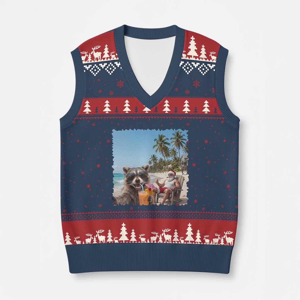 Christmas In July Raccoon And Santa V-Neck Knit Sweater Vest Tropical Summer Vacation Graphic