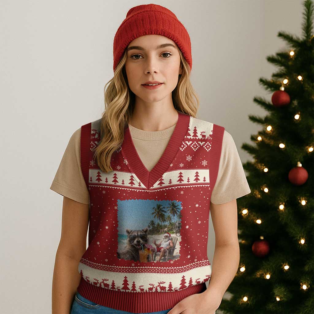 Christmas In July Raccoon And Santa V-Neck Knit Sweater Vest Tropical Summer Vacation Graphic