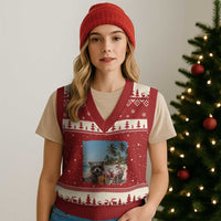 Christmas In July Raccoon And Santa V-Neck Knit Sweater Vest Tropical Summer Vacation Graphic
