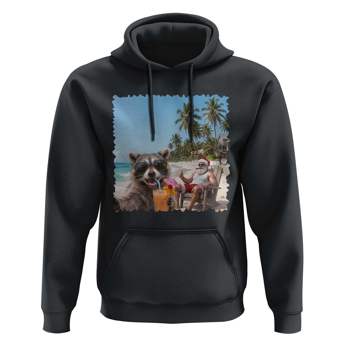 Christmas In July Raccoon And Santa Hoodie Tropical Summer Vacation Graphic
