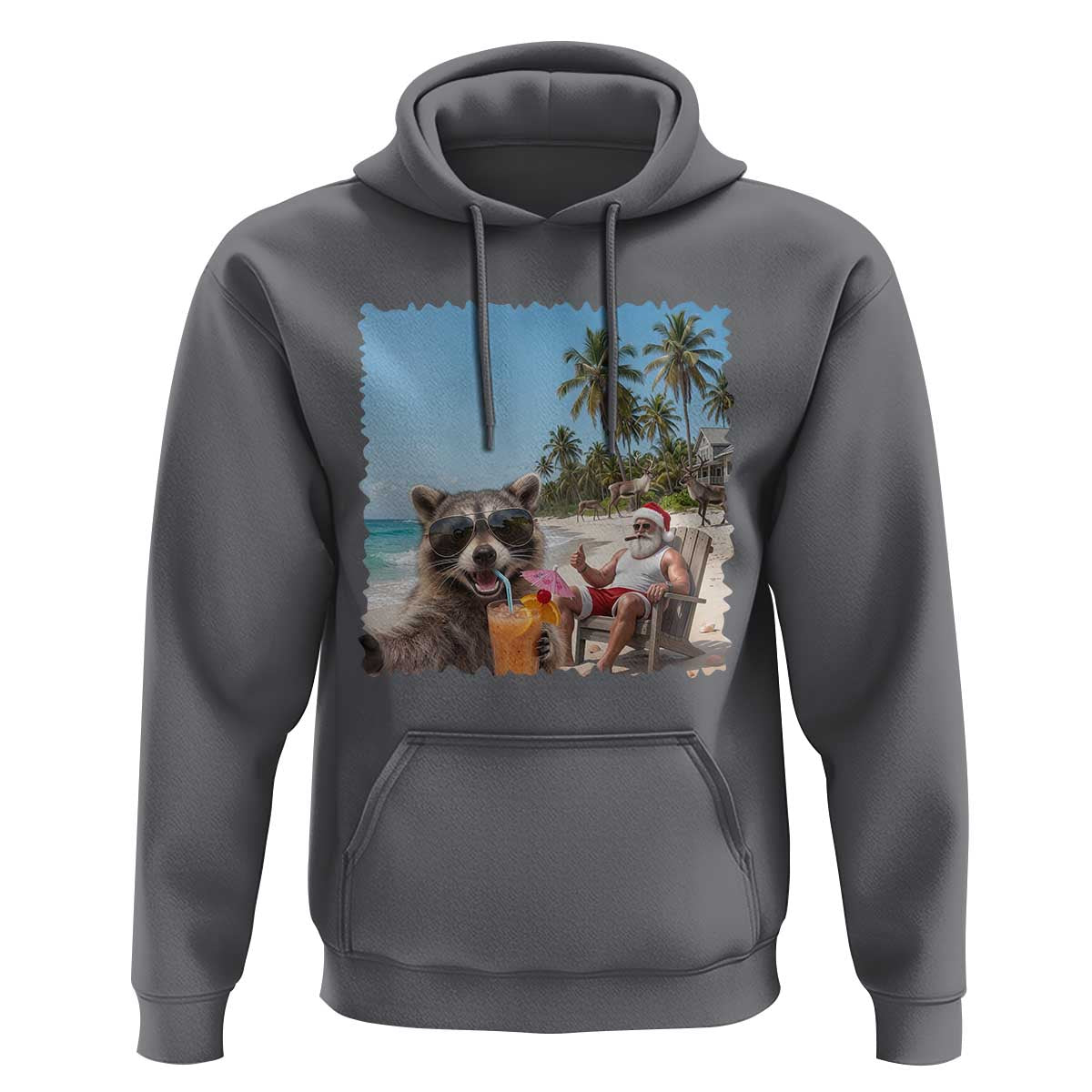 Christmas In July Raccoon And Santa Hoodie Tropical Summer Vacation Graphic