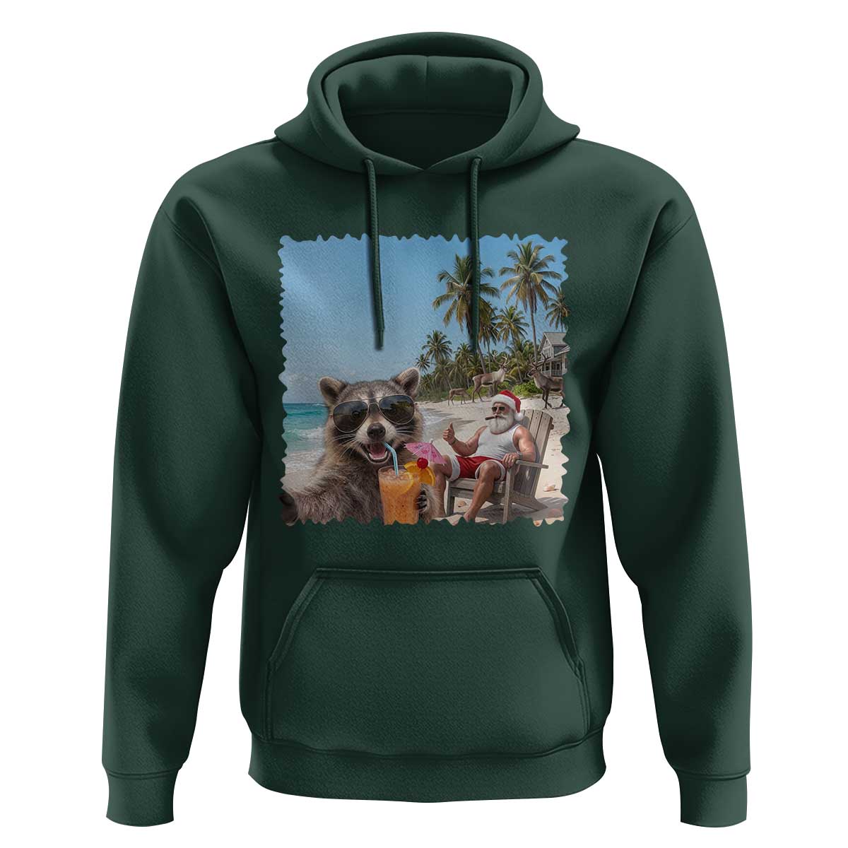 Christmas In July Raccoon And Santa Hoodie Tropical Summer Vacation Graphic