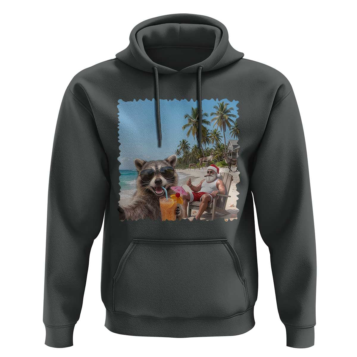 Christmas In July Raccoon And Santa Hoodie Tropical Summer Vacation Graphic