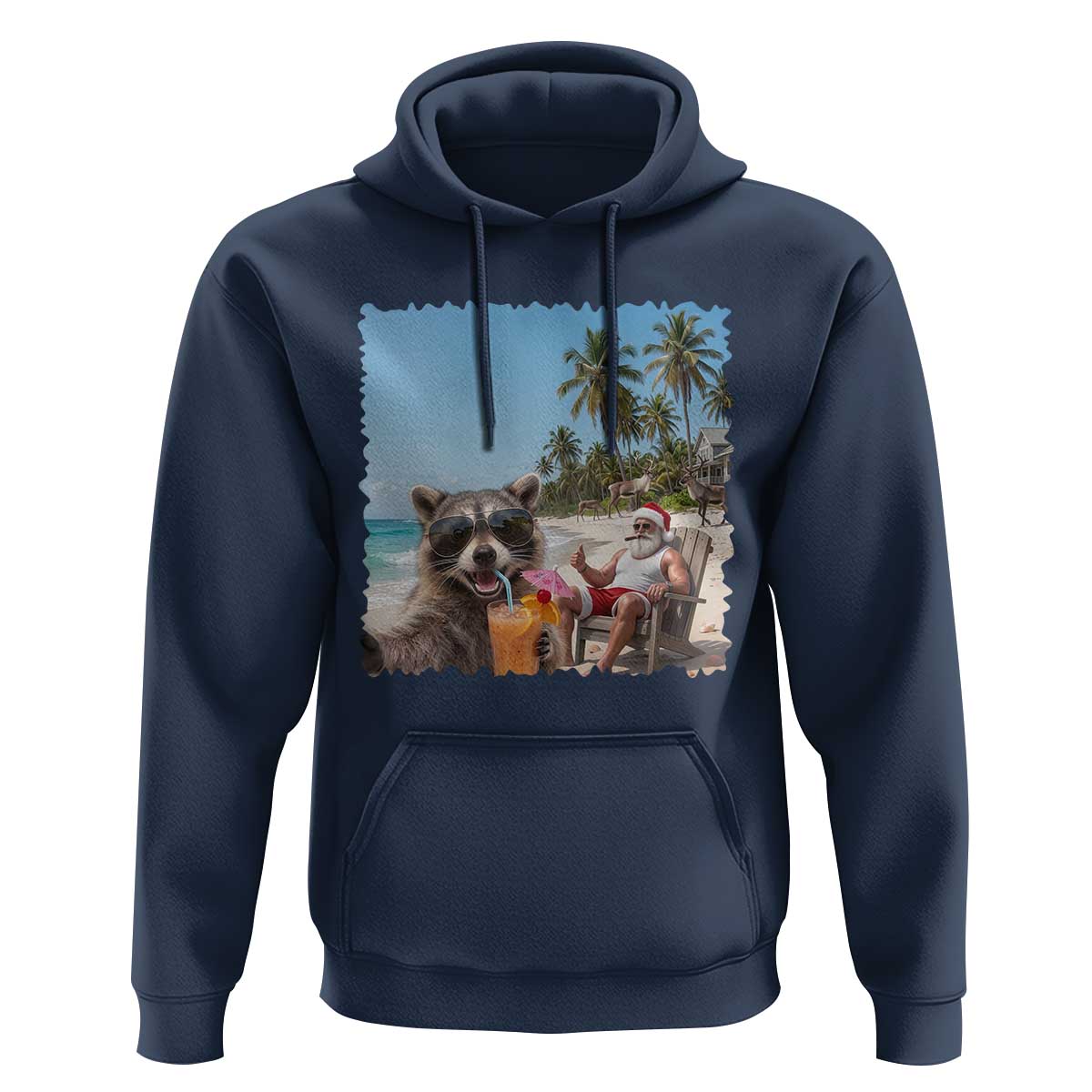 Christmas In July Raccoon And Santa Hoodie Tropical Summer Vacation Graphic