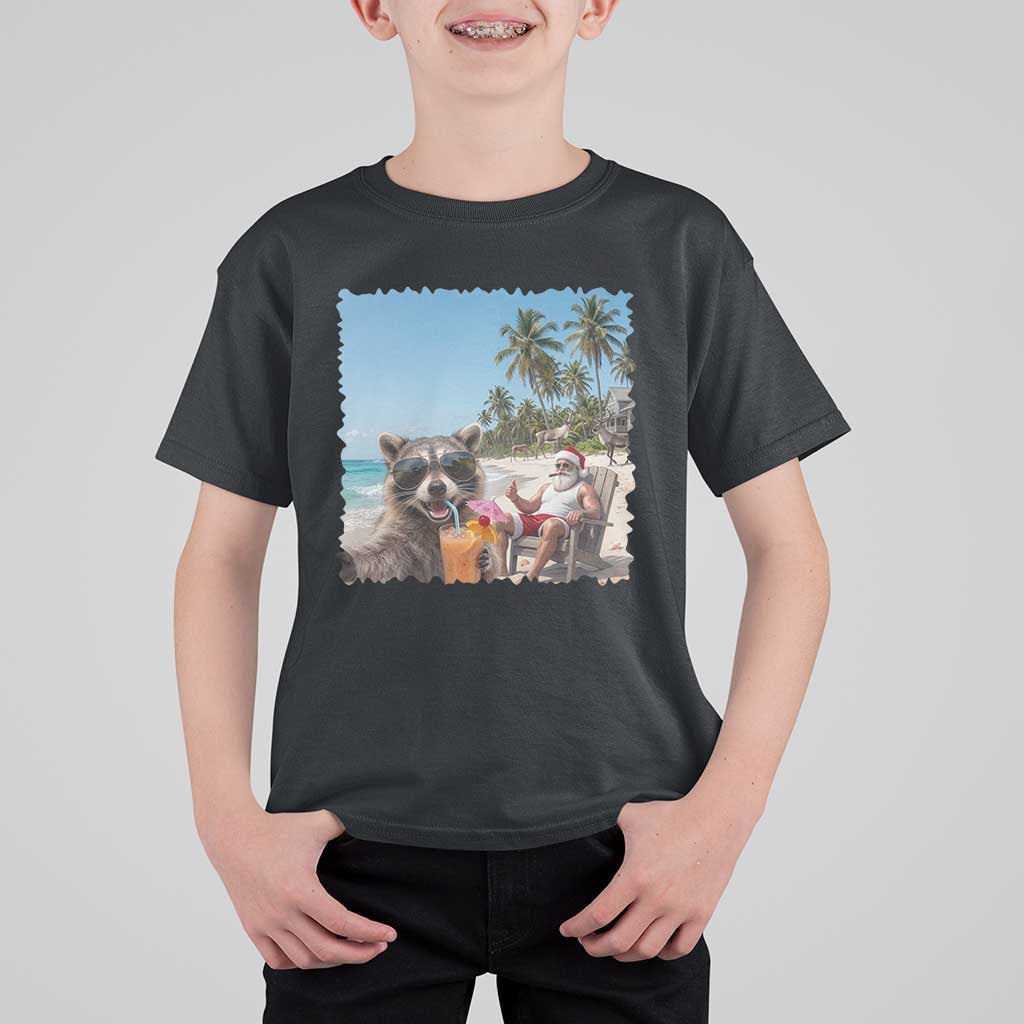 Christmas In July Raccoon And Santa T Shirt For Kid Tropical Summer Vacation Graphic