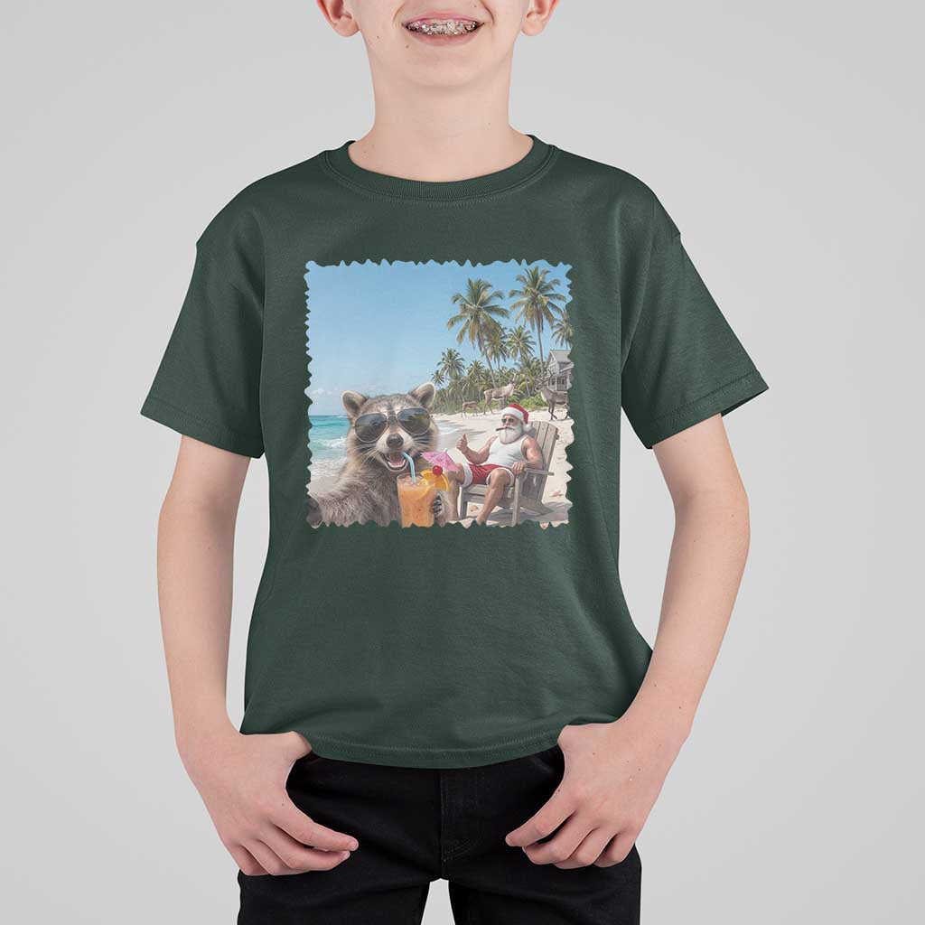 Christmas In July Raccoon And Santa T Shirt For Kid Tropical Summer Vacation Graphic