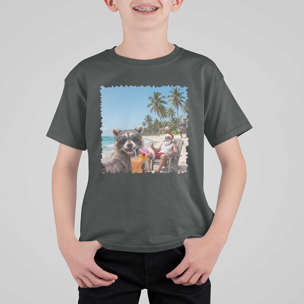 Christmas In July Raccoon And Santa T Shirt For Kid Tropical Summer Vacation Graphic
