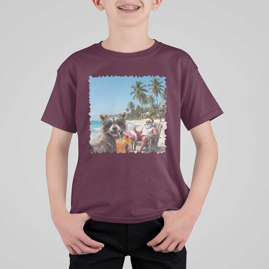 Christmas In July Raccoon And Santa T Shirt For Kid Tropical Summer Vacation Graphic