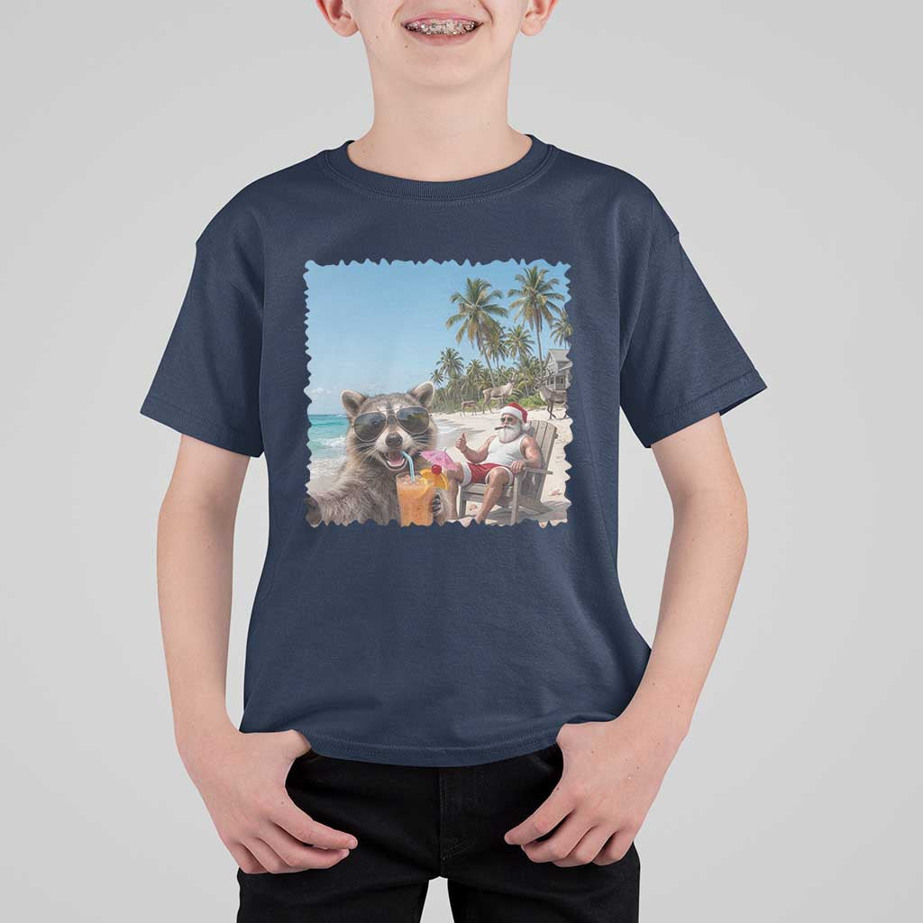 Christmas In July Raccoon And Santa T Shirt For Kid Tropical Summer Vacation Graphic