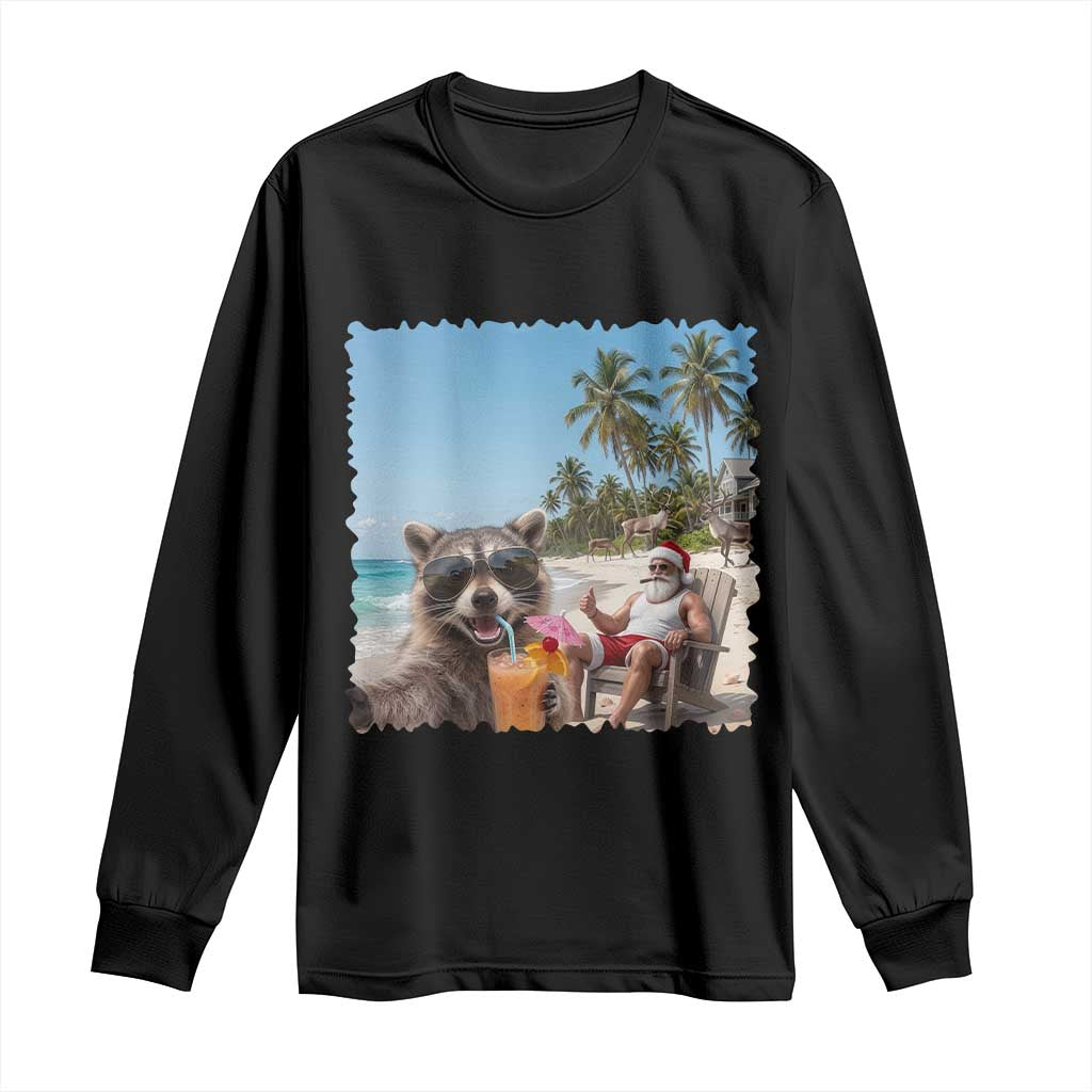 Christmas In July Raccoon And Santa Long Sleeve Shirt Tropical Summer Vacation Graphic