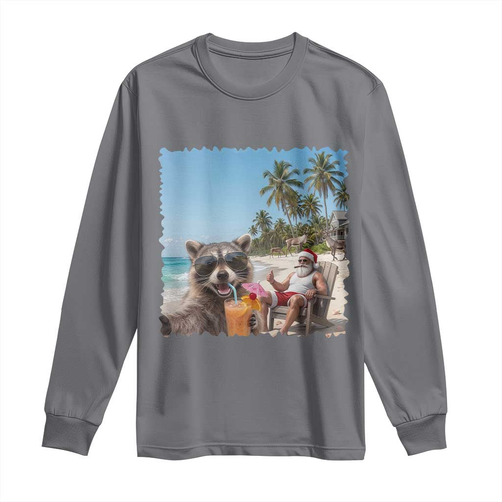 Christmas In July Raccoon And Santa Long Sleeve Shirt Tropical Summer Vacation Graphic