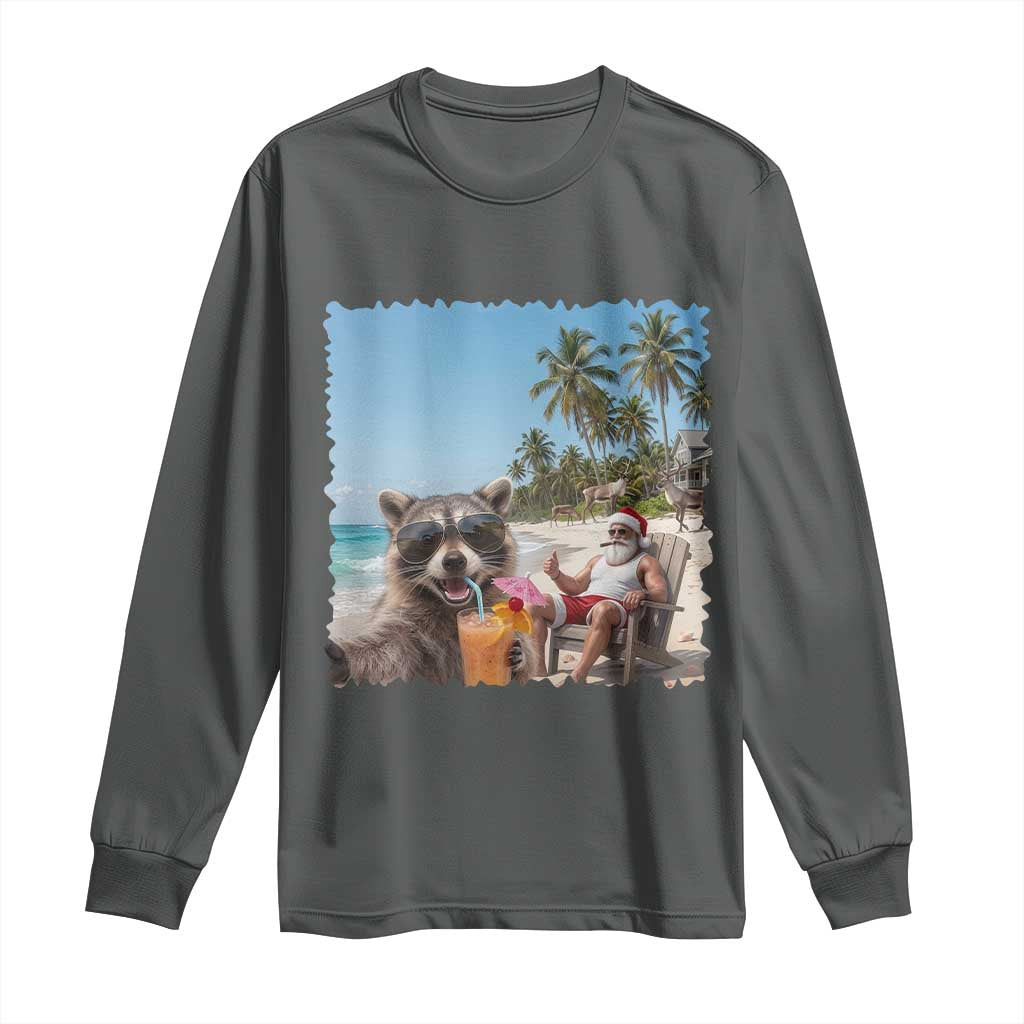 Christmas In July Raccoon And Santa Long Sleeve Shirt Tropical Summer Vacation Graphic