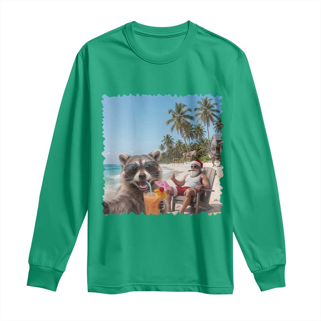 Christmas In July Raccoon And Santa Long Sleeve Shirt Tropical Summer Vacation Graphic