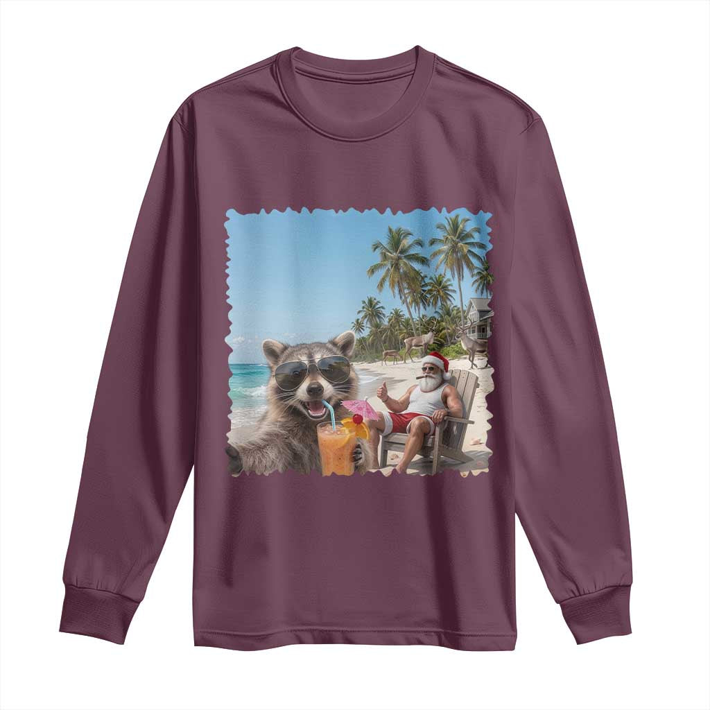 Christmas In July Raccoon And Santa Long Sleeve Shirt Tropical Summer Vacation Graphic