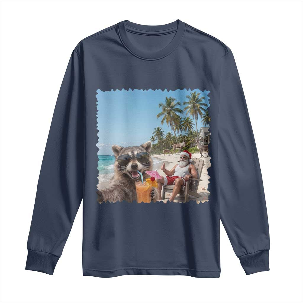 Christmas In July Raccoon And Santa Long Sleeve Shirt Tropical Summer Vacation Graphic