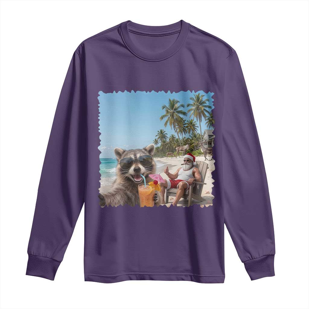 Christmas In July Raccoon And Santa Long Sleeve Shirt Tropical Summer Vacation Graphic