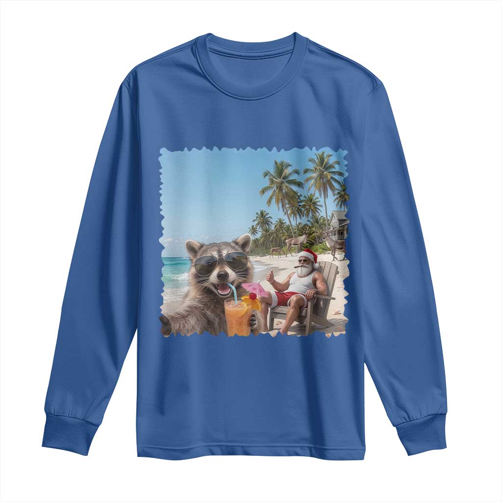 Christmas In July Raccoon And Santa Long Sleeve Shirt Tropical Summer Vacation Graphic