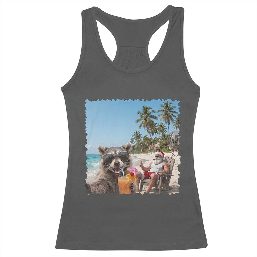 Christmas In July Raccoon And Santa Racerback Tank Top Tropical Summer Vacation Graphic