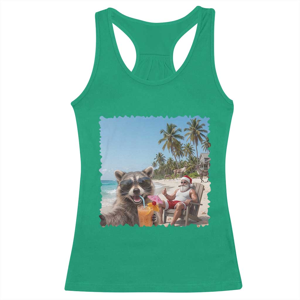Christmas In July Raccoon And Santa Racerback Tank Top Tropical Summer Vacation Graphic