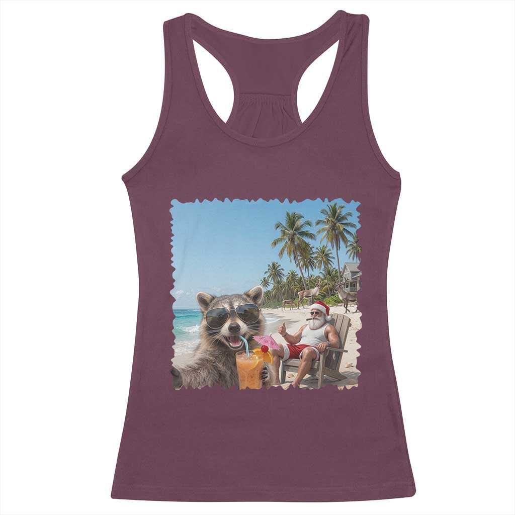 Christmas In July Raccoon And Santa Racerback Tank Top Tropical Summer Vacation Graphic