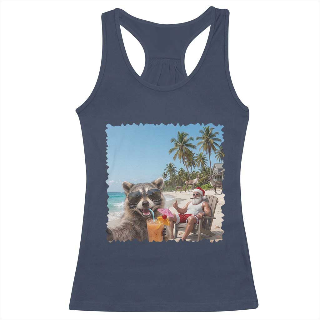 Christmas In July Raccoon And Santa Racerback Tank Top Tropical Summer Vacation Graphic