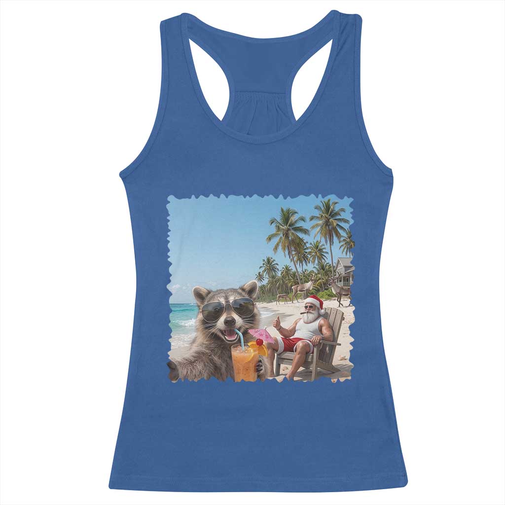 Christmas In July Raccoon And Santa Racerback Tank Top Tropical Summer Vacation Graphic