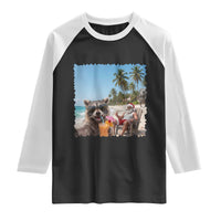 Christmas In July Raccoon And Santa Raglan Shirt Tropical Summer Vacation Graphic