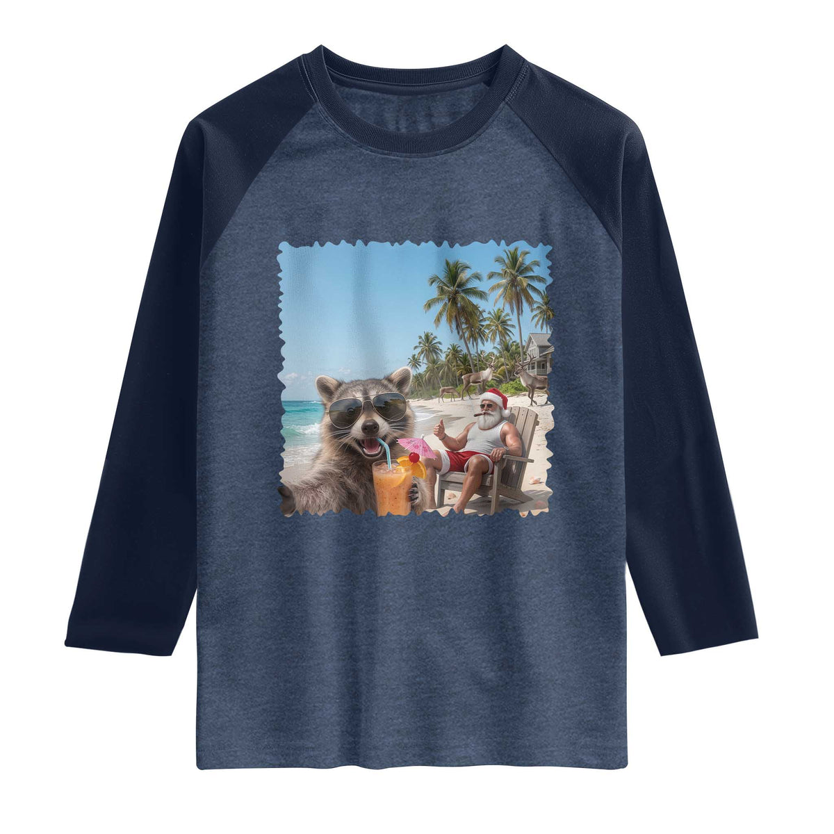Christmas In July Raccoon And Santa Raglan Shirt Tropical Summer Vacation Graphic